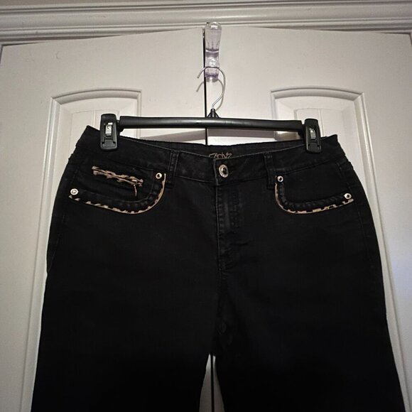 Women's Black Jeans w/Animal Print Trim in Size 10 by Cache - Picture 4 of 6
